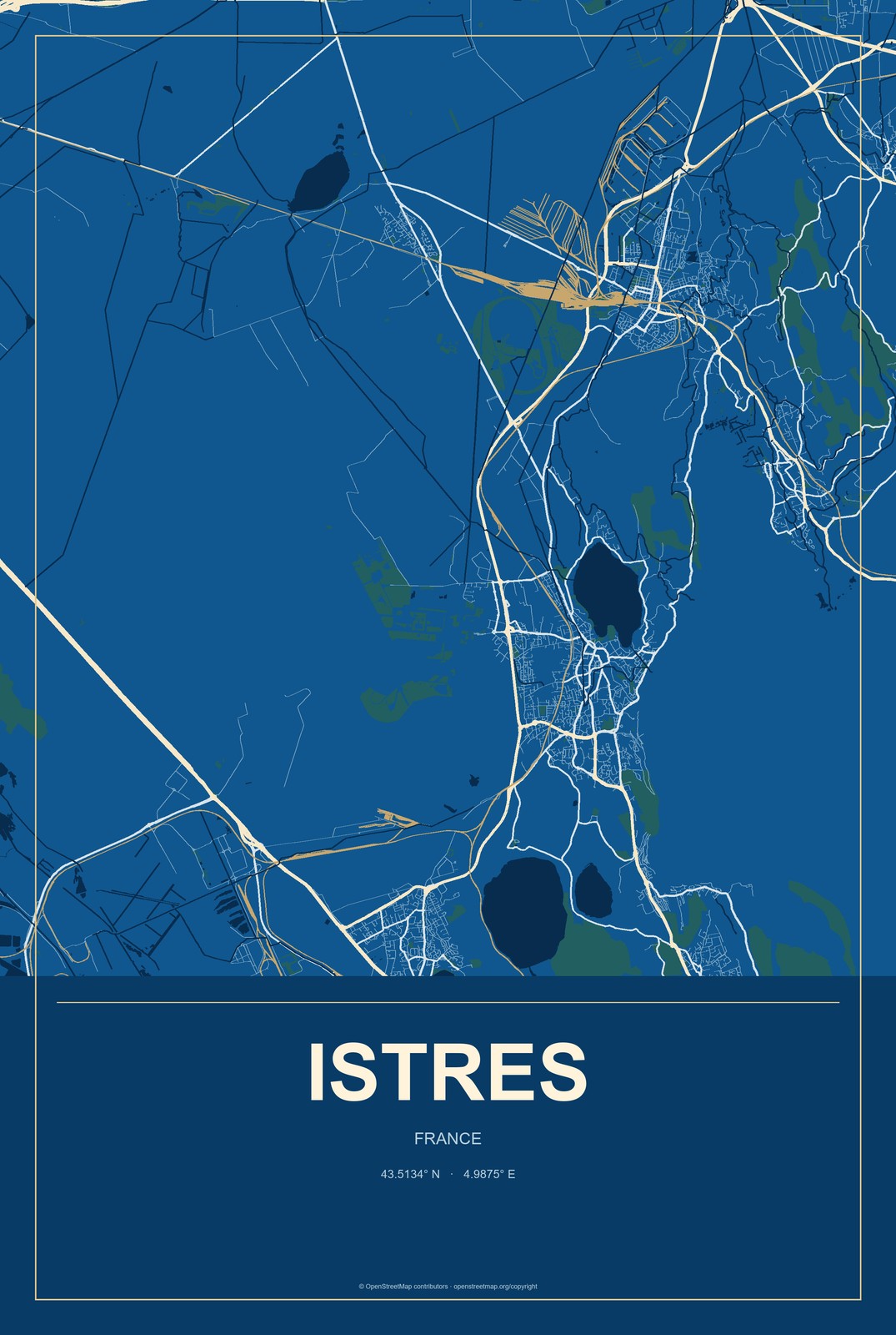 Istres, France City Map Aluminum Sign in Harbor Cobalt style