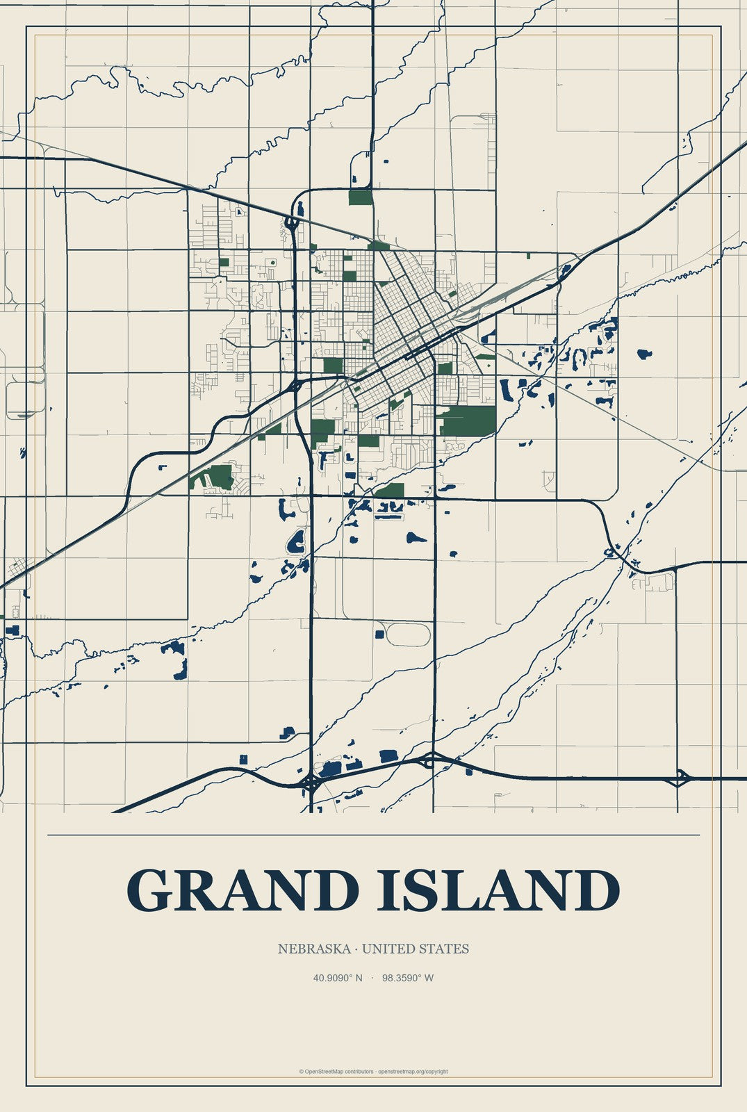 Grand Island, Nebraska City Map Aluminum Sign in Coastal Cutout style
