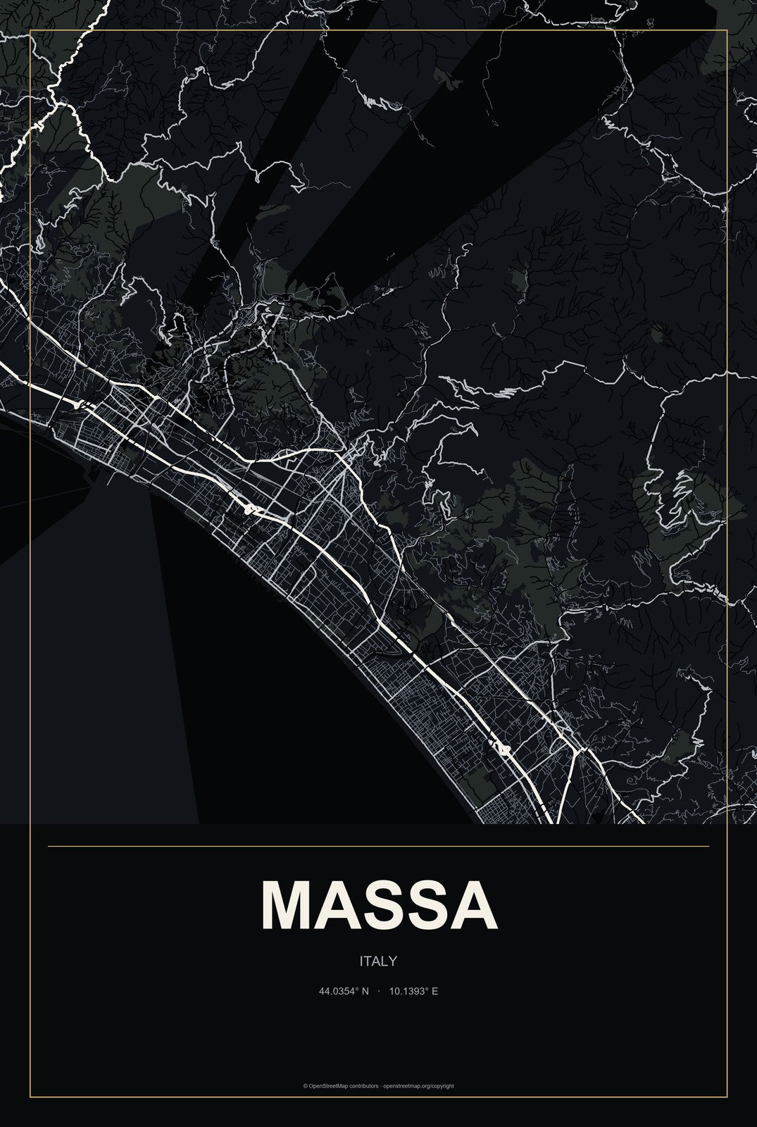 Massa, Italy City Map Aluminum Sign in Metropolitan Noir style
