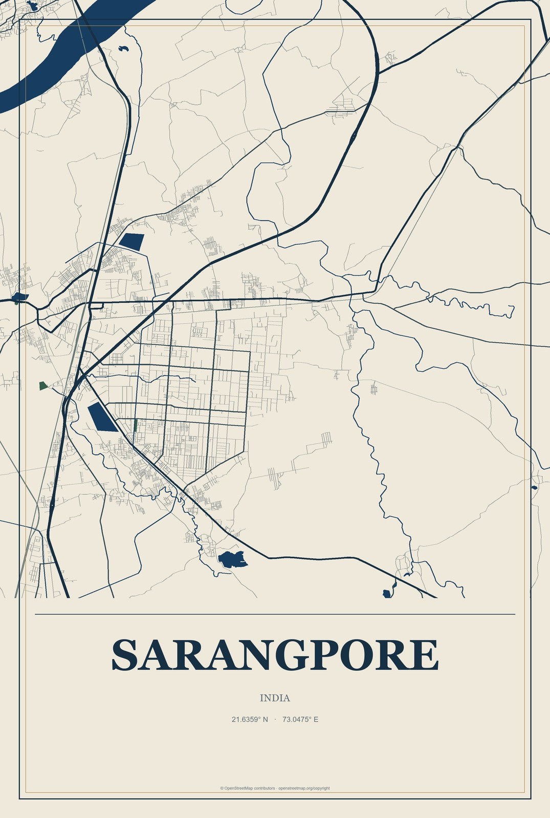 Sarangpore, India City Map Aluminum Sign in Coastal Cutout style