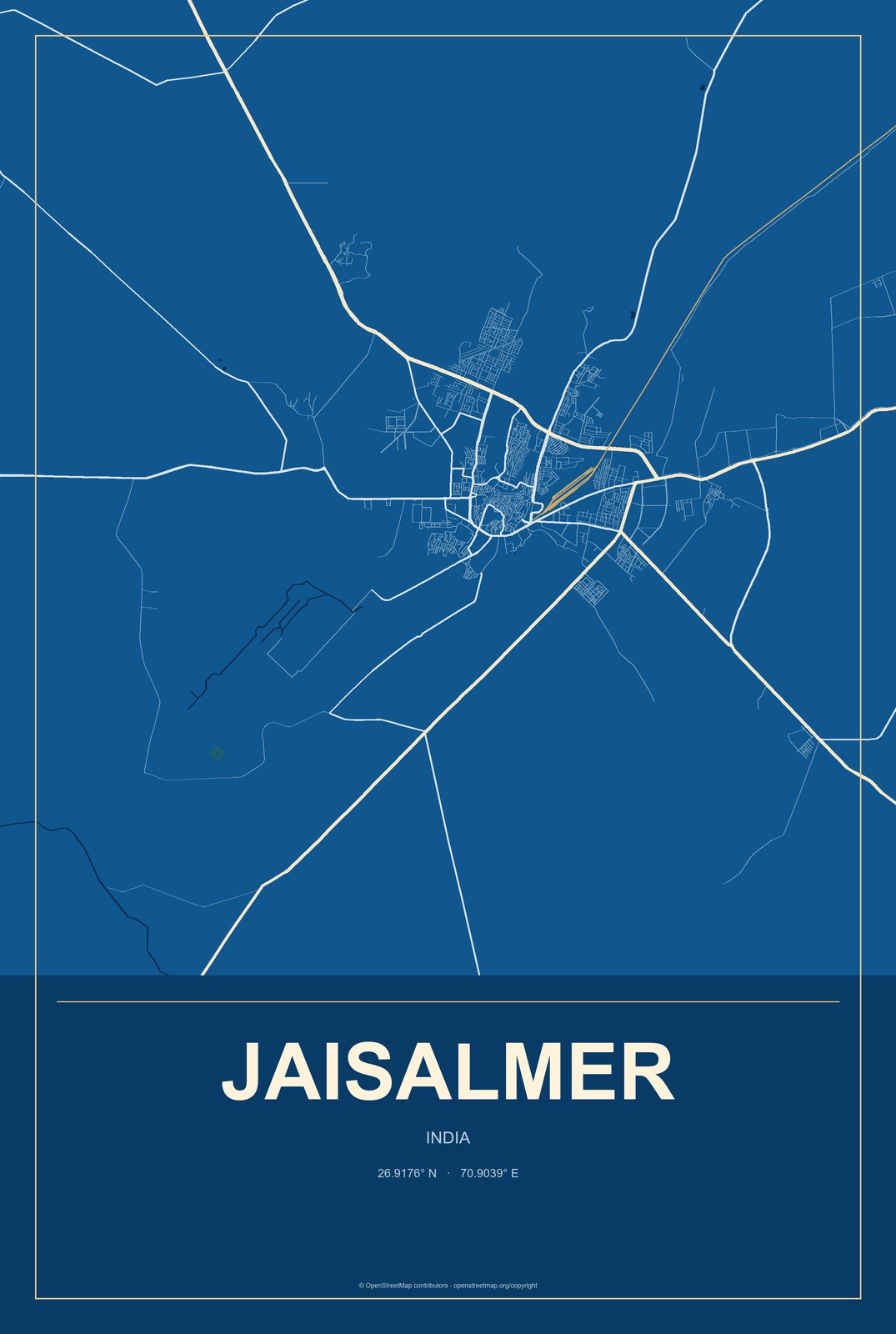 Jaisalmer, India City Map Aluminum Sign in Harbor Cobalt style