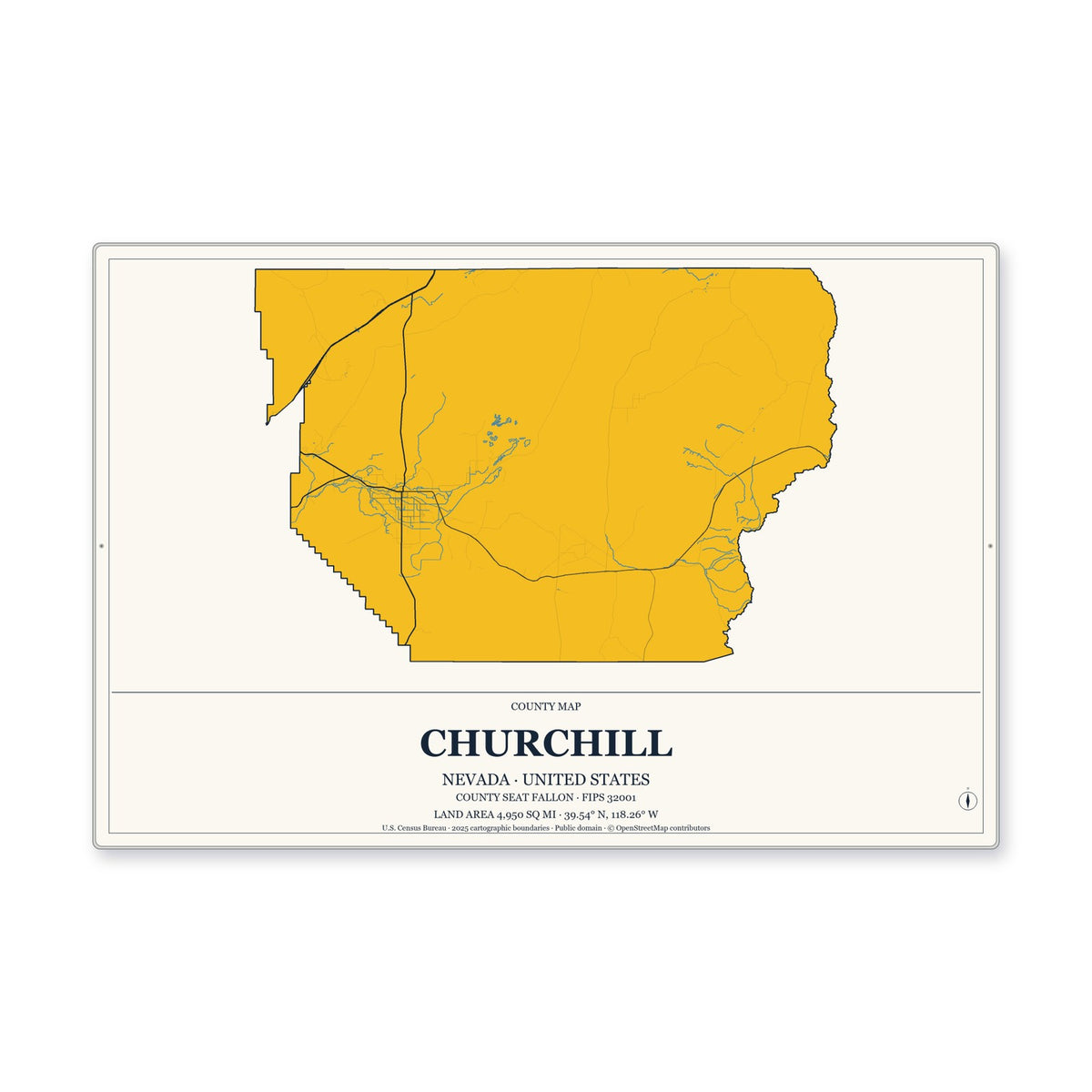 Churchill County, Nevada Map Aluminum Sign in Citrine Modern style