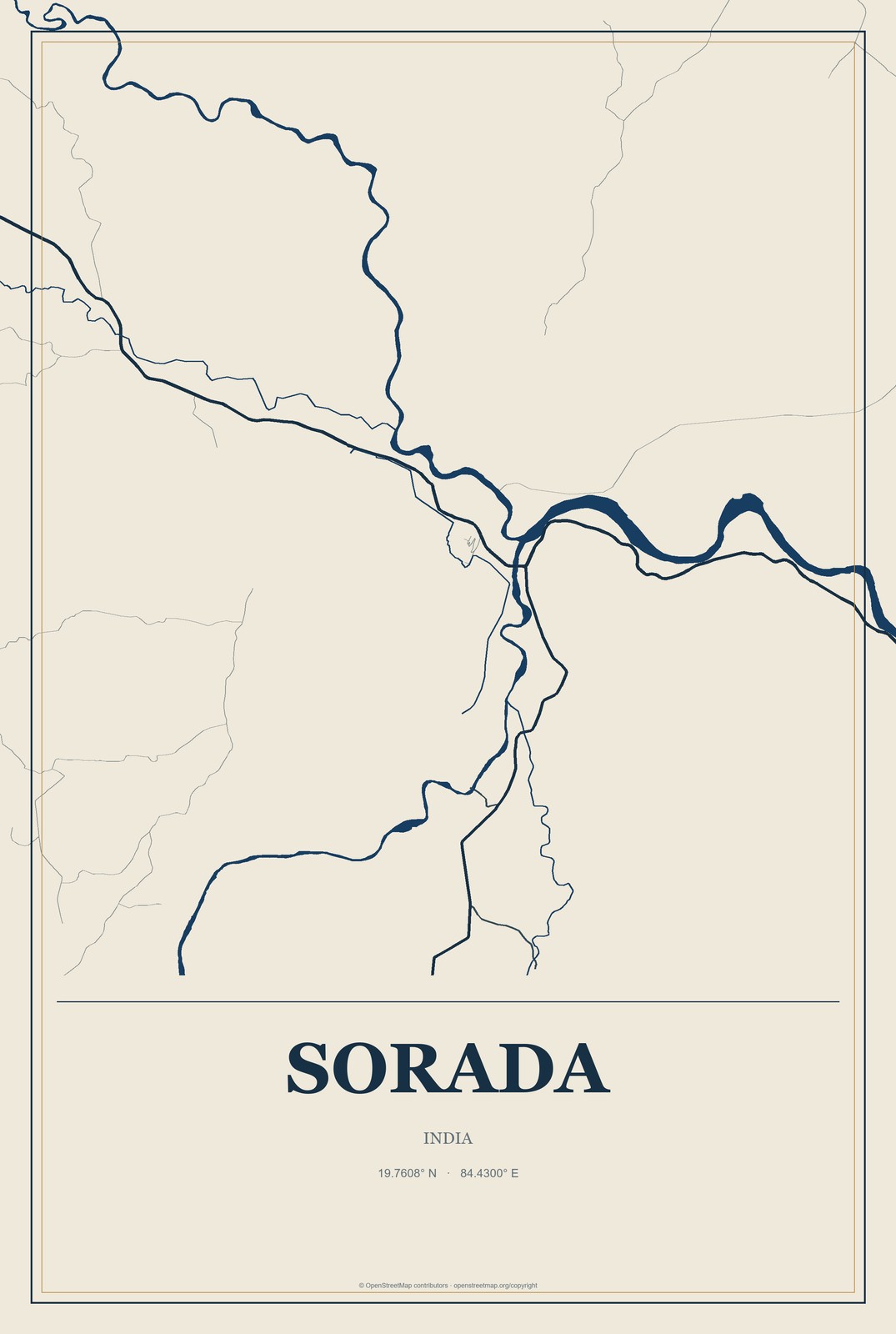 Sorada, India City Map Aluminum Sign in Coastal Cutout style