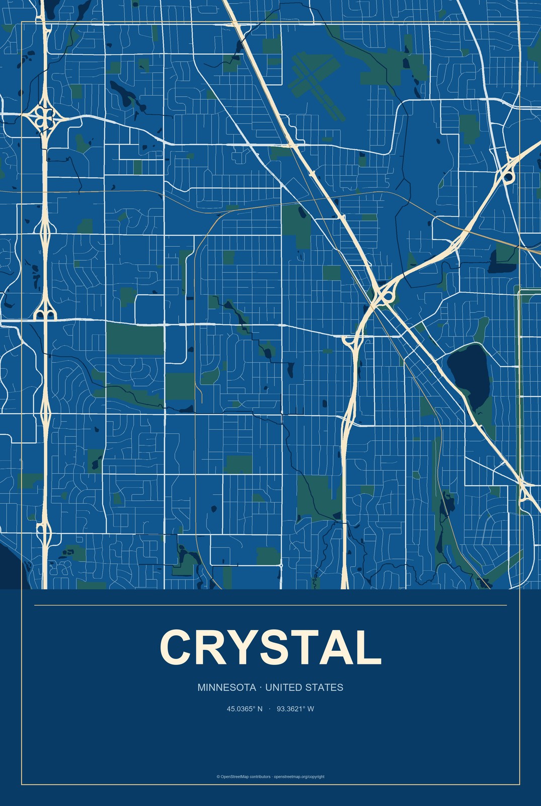 Crystal, Minnesota City Map Aluminum Sign in Harbor Cobalt style