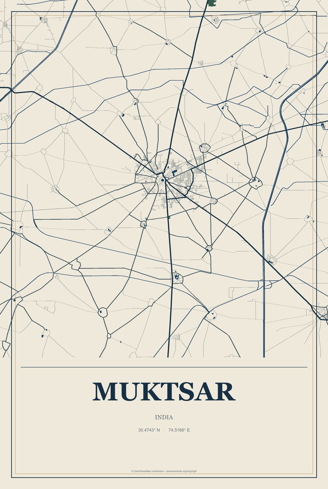 Muktsar, India City Map Aluminum Sign in Coastal Cutout style