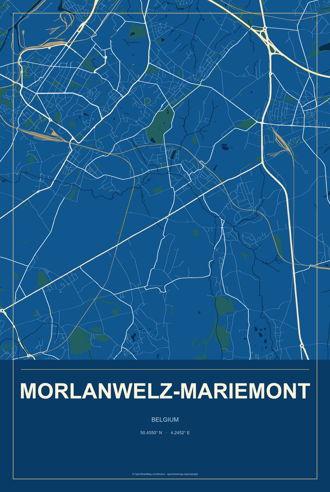 Morlanwelz-Mariemont, Belgium City Map Aluminum Sign in Harbor Cobalt style