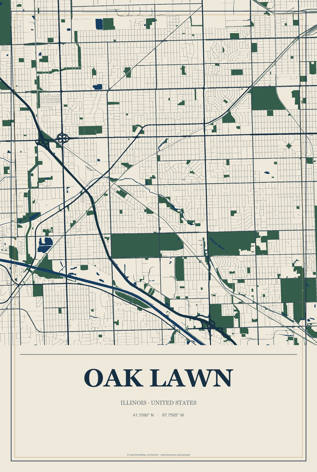 Oak Lawn, Illinois City Map Aluminum Sign in Coastal Cutout style