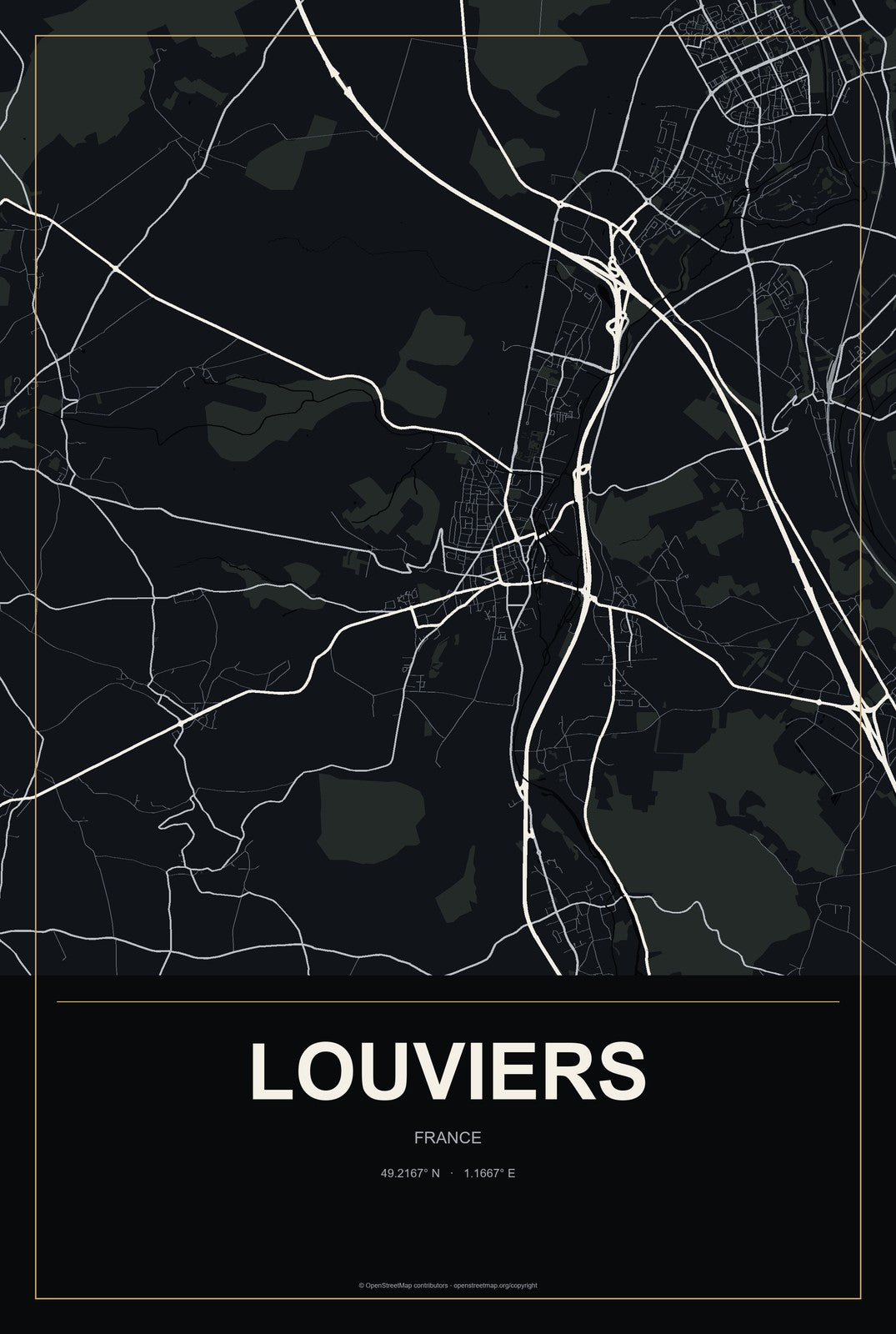 Louviers, France City Map Aluminum Sign in Metropolitan Noir style