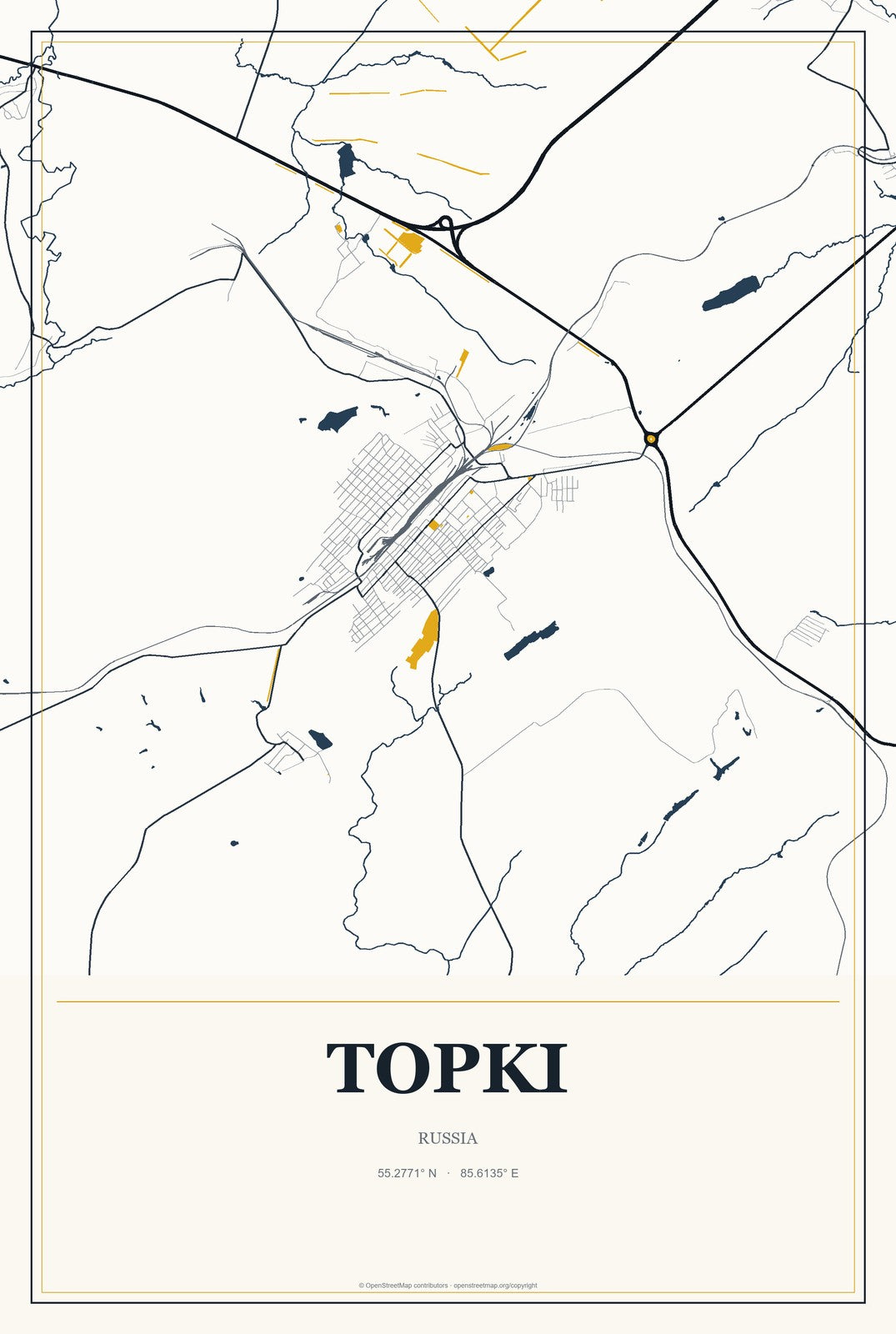 Topki, Russia City Map Aluminum Sign in Citrine Modern style