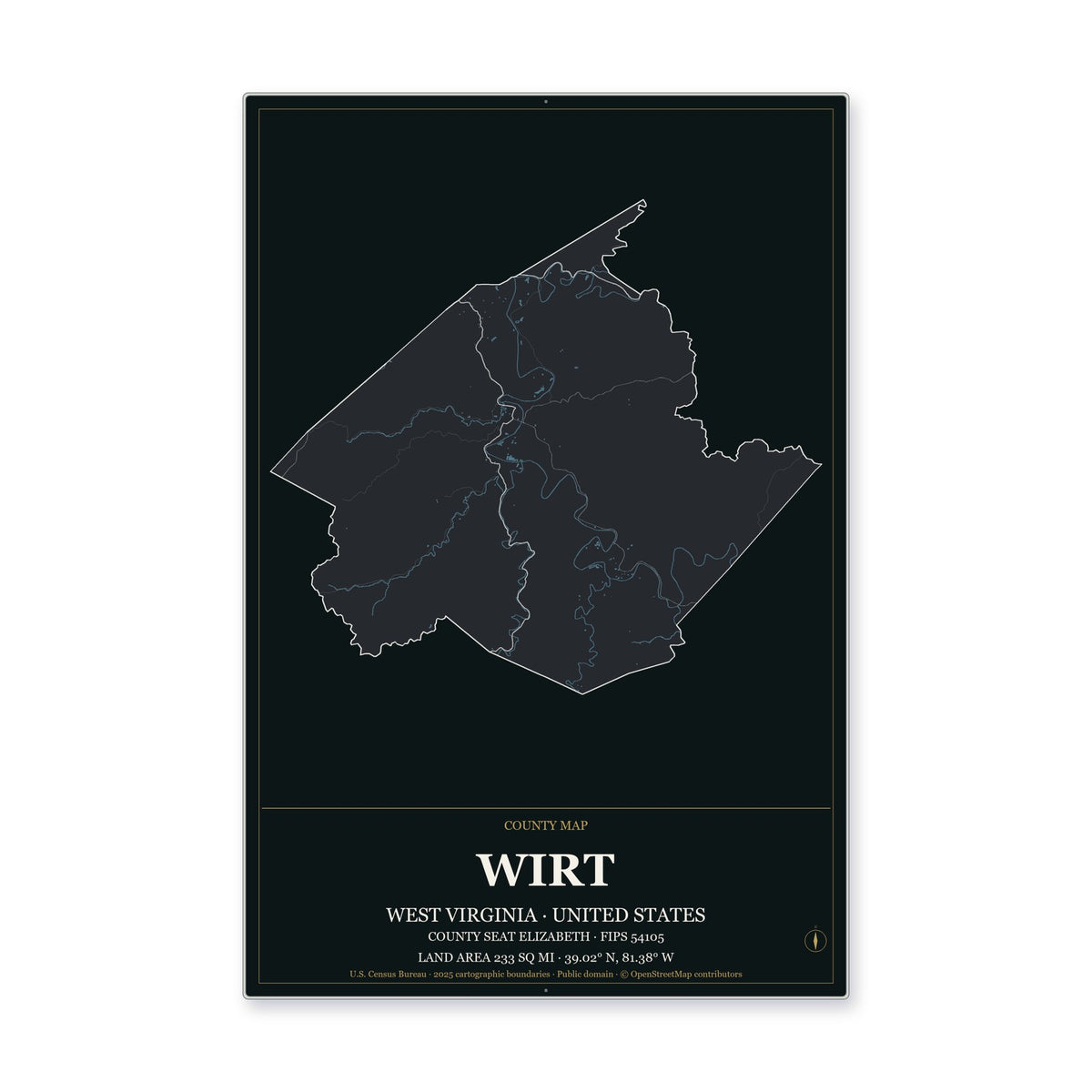 Wirt County, West Virginia Map Aluminum Sign in Metropolitan Noir style