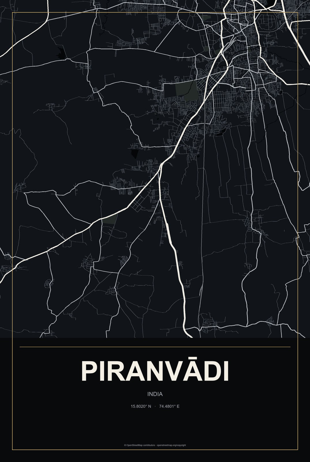Piranvādi, India City Map Aluminum Sign in Metropolitan Noir style