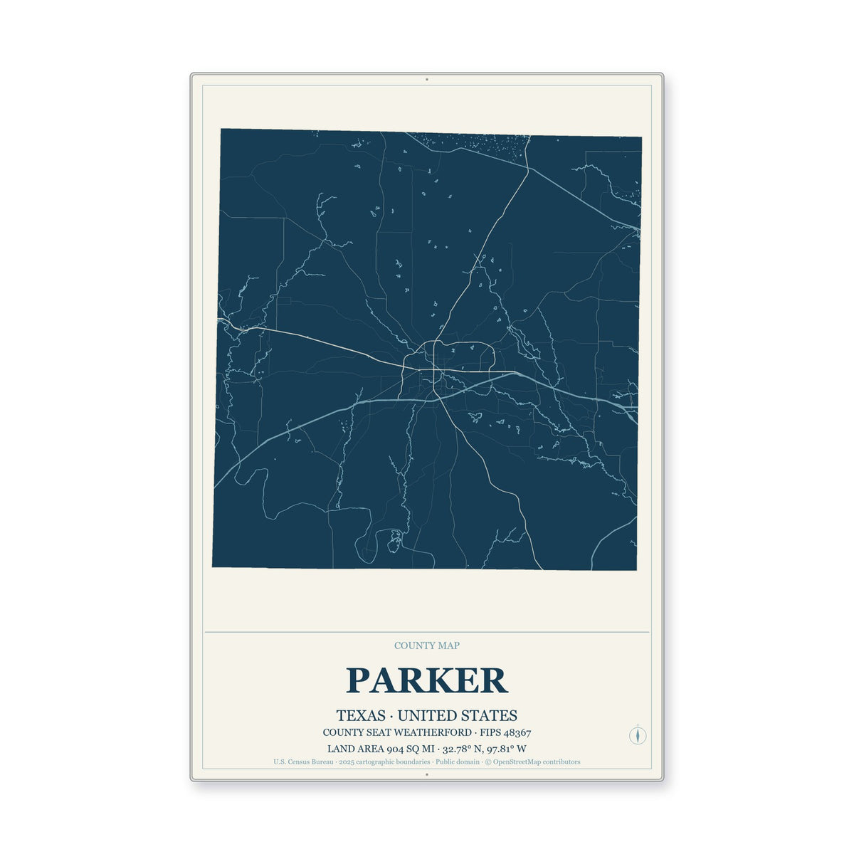 Parker County, Texas Map Aluminum Sign in Coastal Cutout style