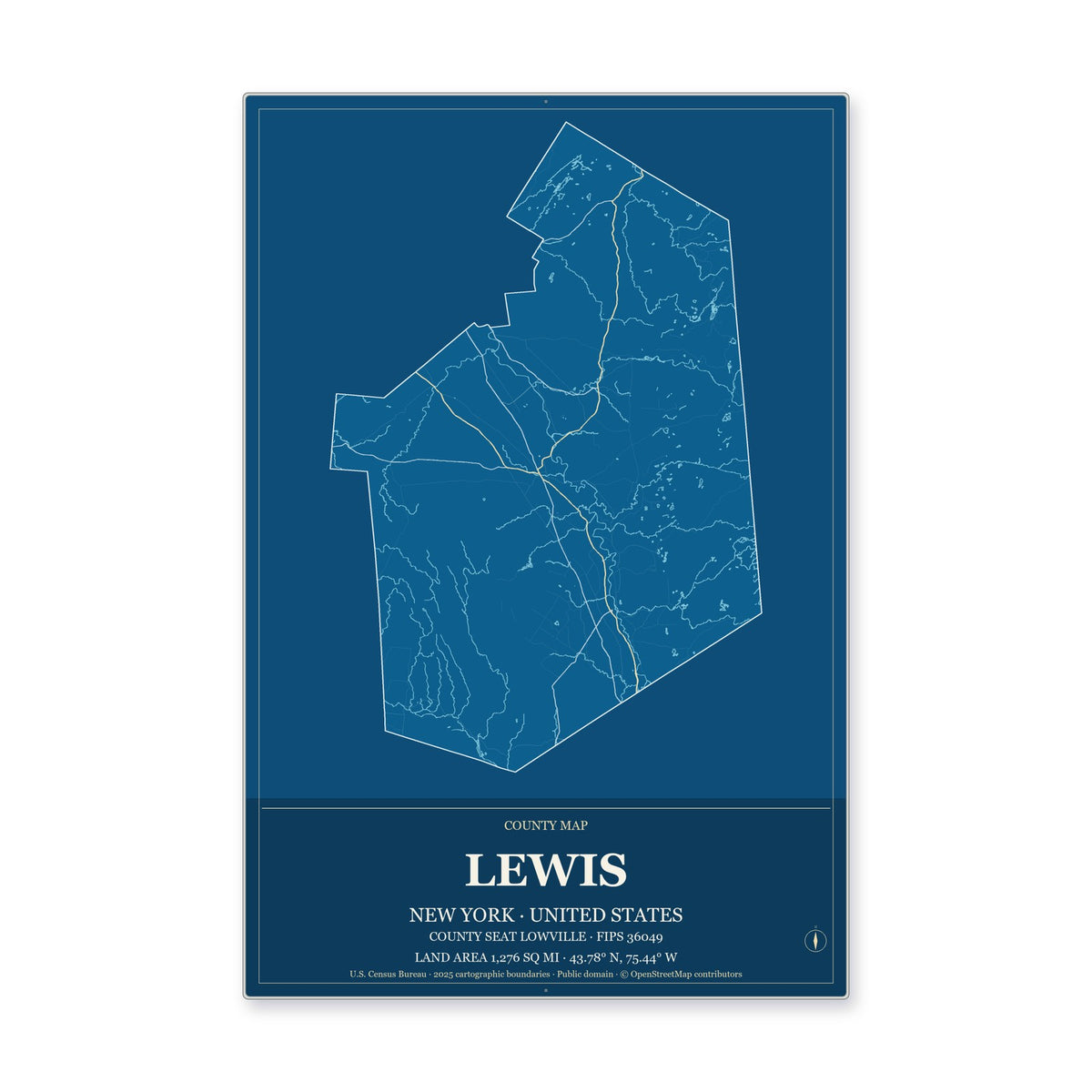 Lewis County, New York Map Aluminum Sign in Harbor Cobalt style