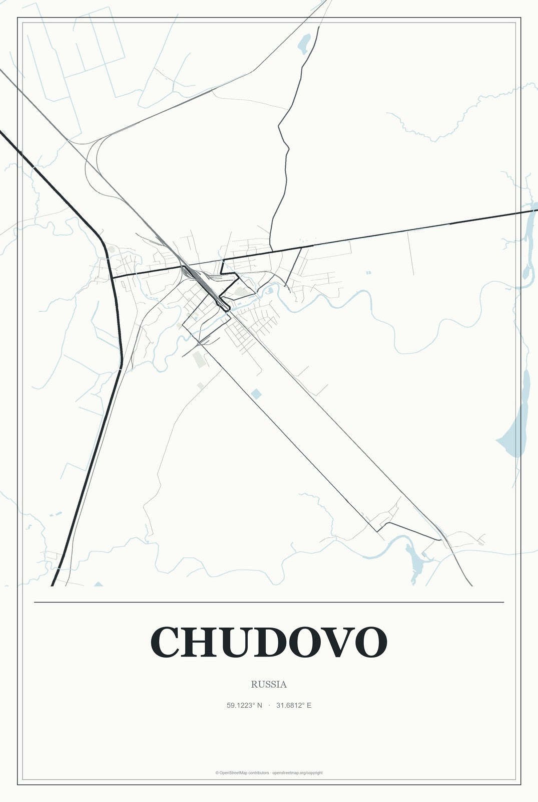Chudovo, Russia City Map Aluminum Sign in Gallery Air style