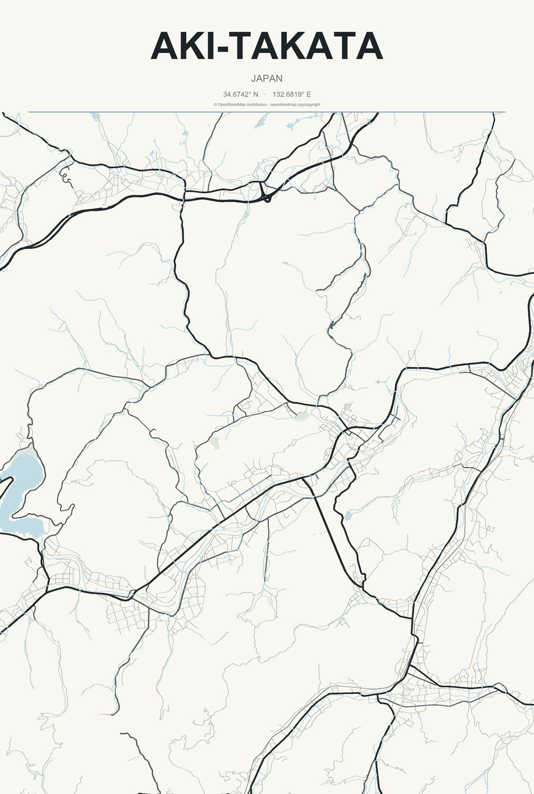 Aki-takata, Japan City Map Aluminum Sign in Headline Atlas style