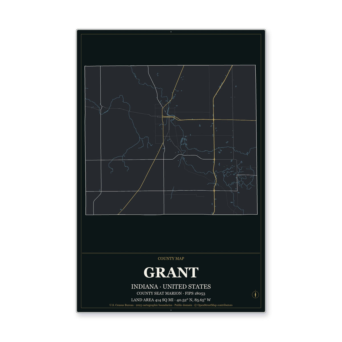 Grant County, Indiana Map Aluminum Sign in Metropolitan Noir style