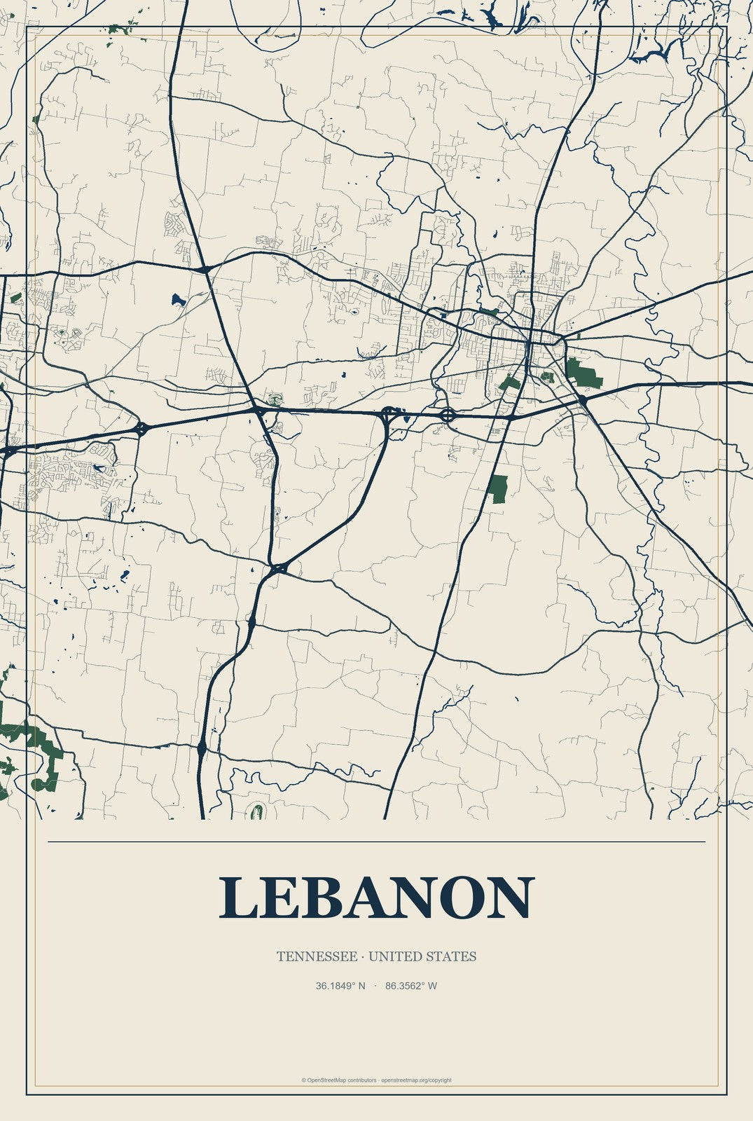 Lebanon, Tennessee City Map Aluminum Sign in Coastal Cutout style