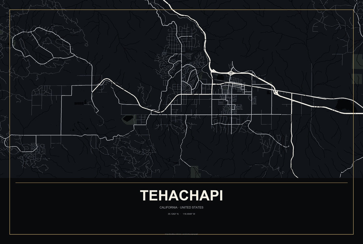 Tehachapi, California City Map Aluminum Sign in Metropolitan Noir style
