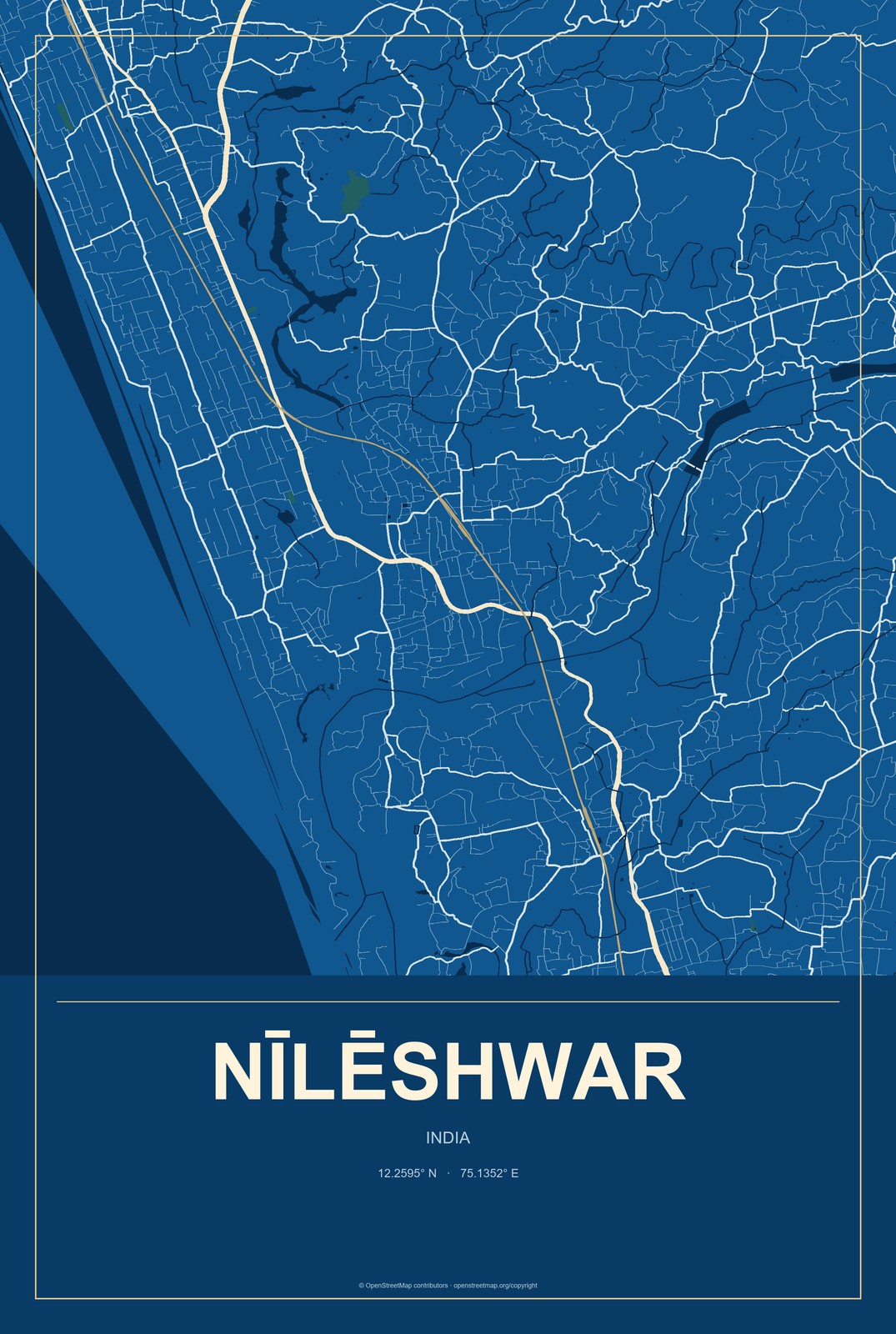 Nīlēshwar, India City Map Aluminum Sign in Harbor Cobalt style