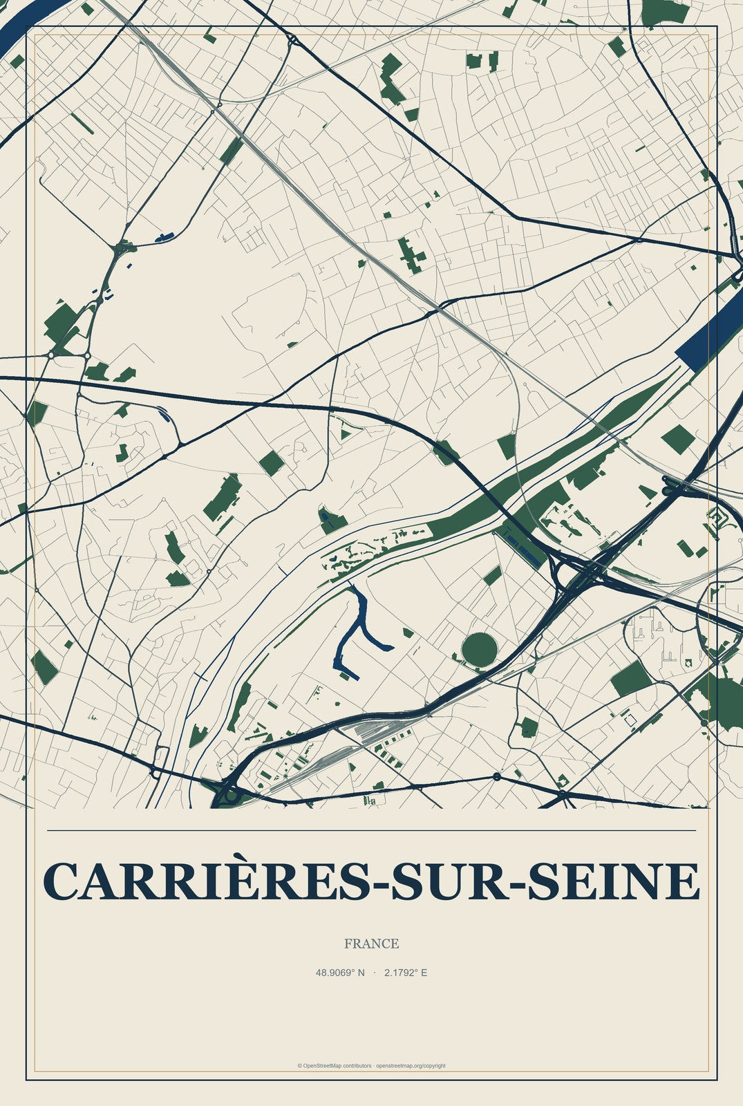 Carrières-sur-Seine, France City Map Aluminum Sign in Coastal Cutout style