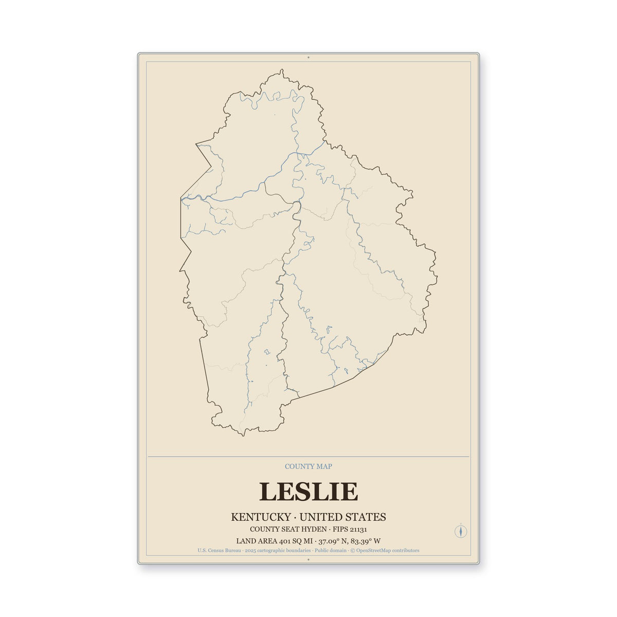 Leslie County, Kentucky Map Aluminum Sign in Heritage Nautical style