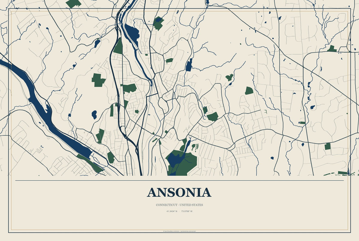 Ansonia, Connecticut City Map Aluminum Sign in Coastal Cutout style