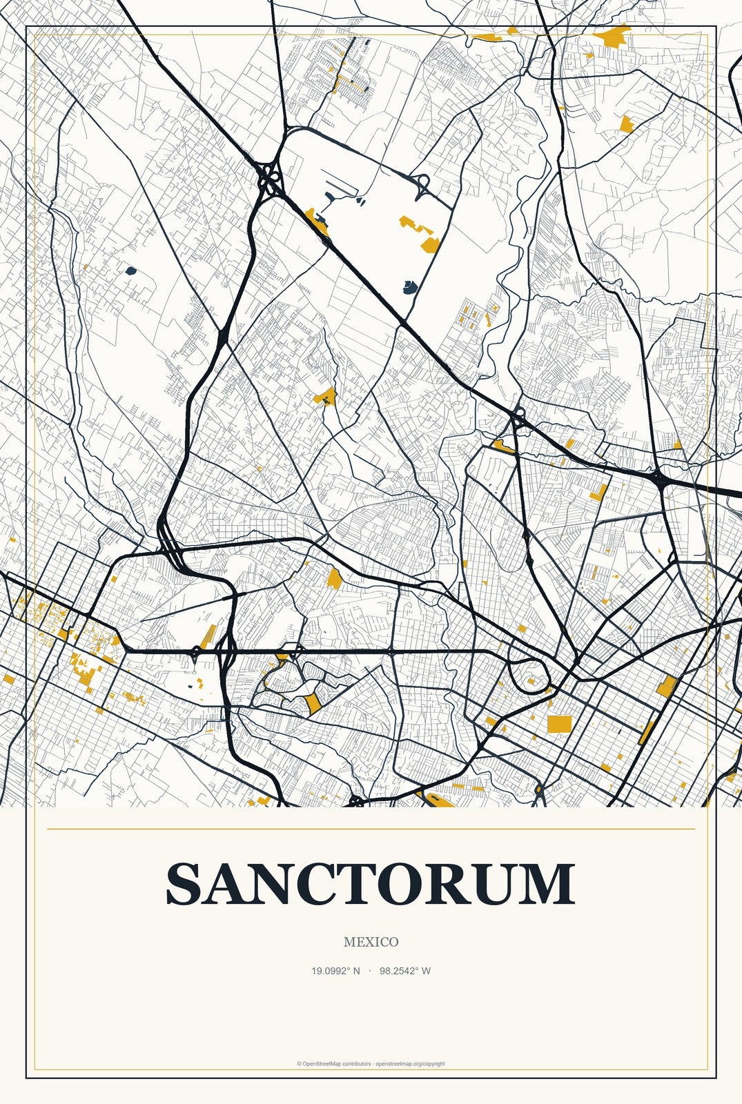 Sanctorum, Mexico City Map Aluminum Sign in Citrine Modern style