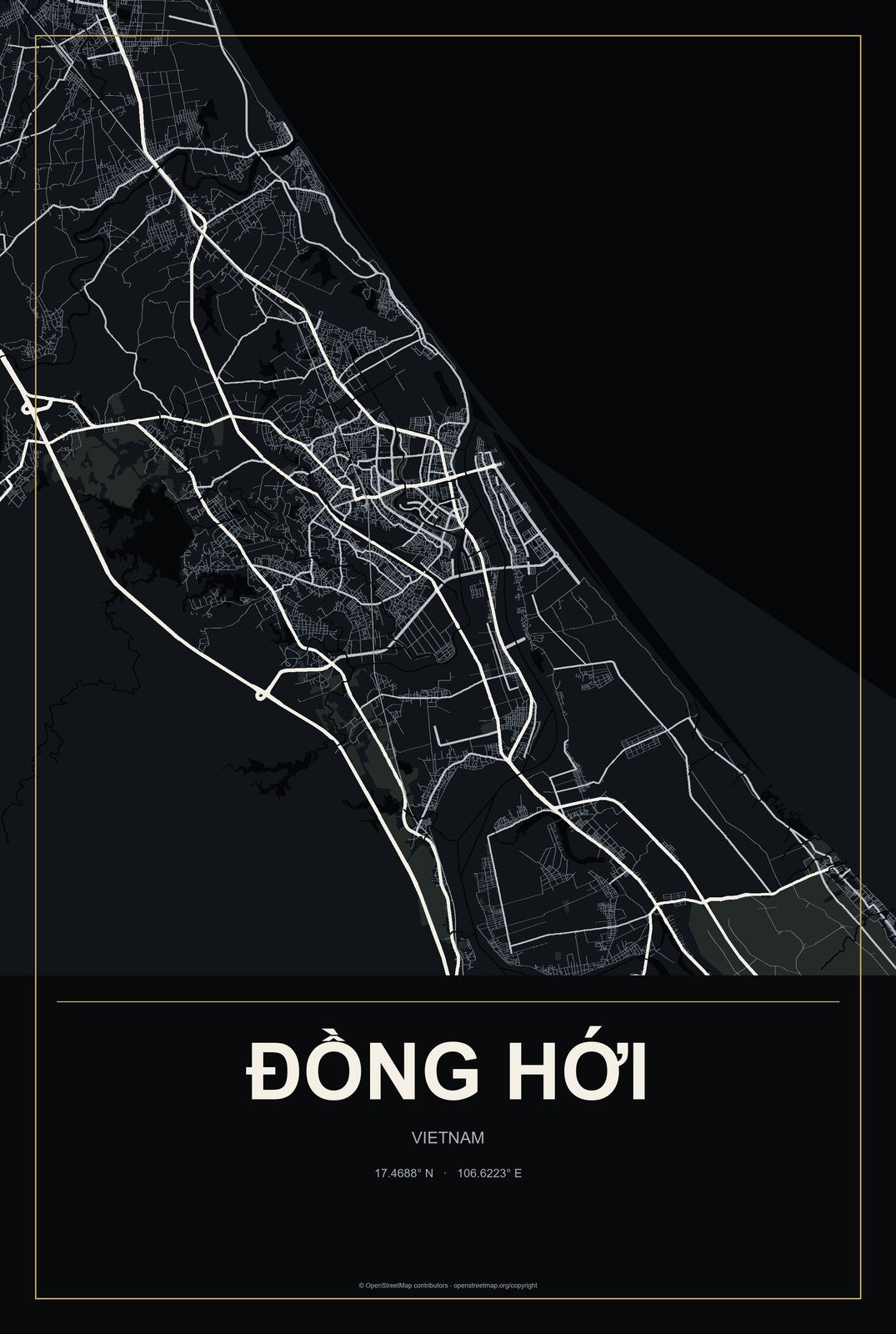 Đồng Hới, Vietnam City Map Aluminum Sign in Metropolitan Noir style