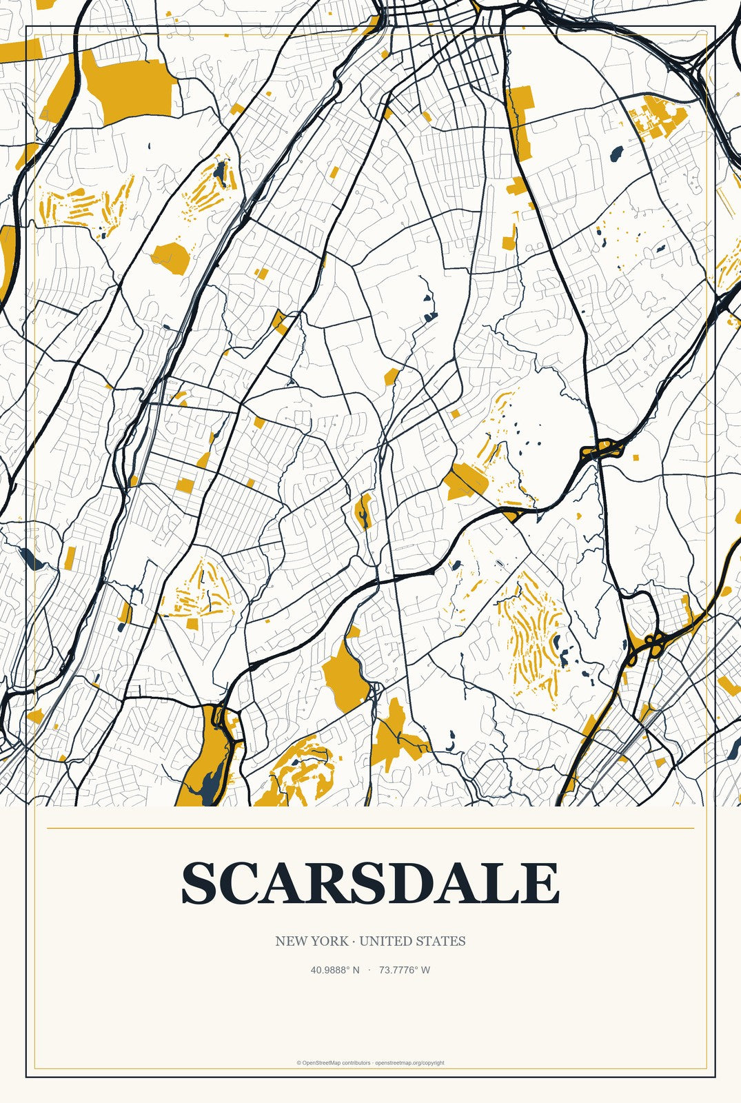 Scarsdale, New York City Map Aluminum Sign in Citrine Modern style