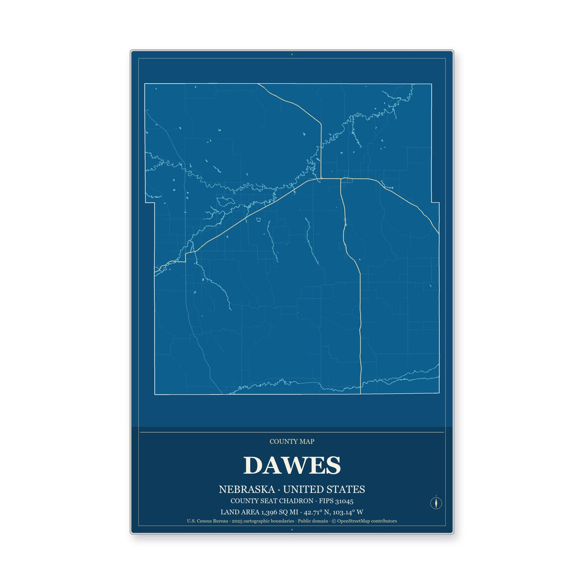 Dawes County, Nebraska Map Aluminum Sign in Harbor Cobalt style