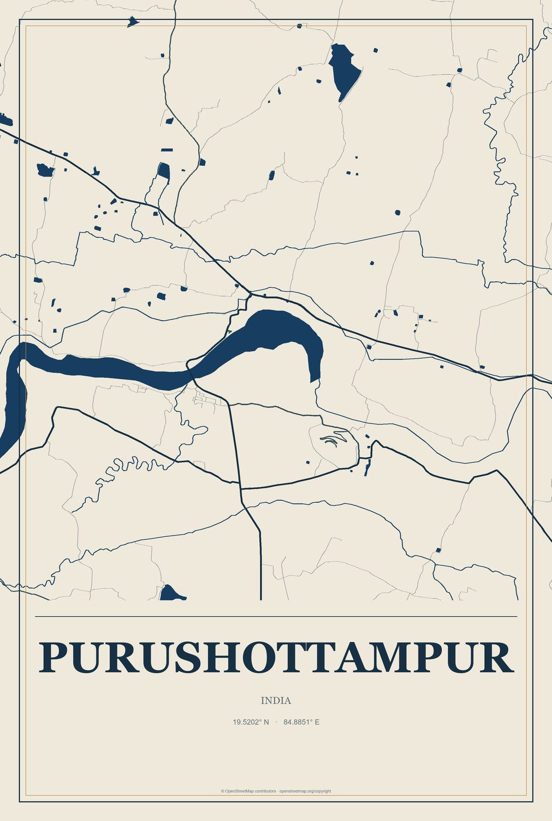 Purushottampur, India City Map Aluminum Sign in Coastal Cutout style
