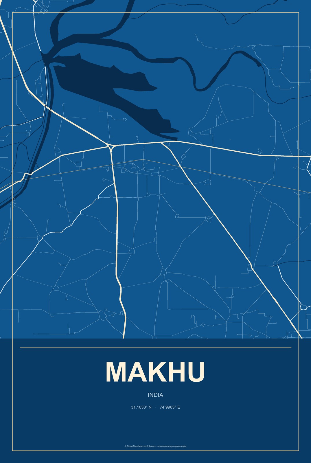 Makhu, India City Map Aluminum Sign in Harbor Cobalt style