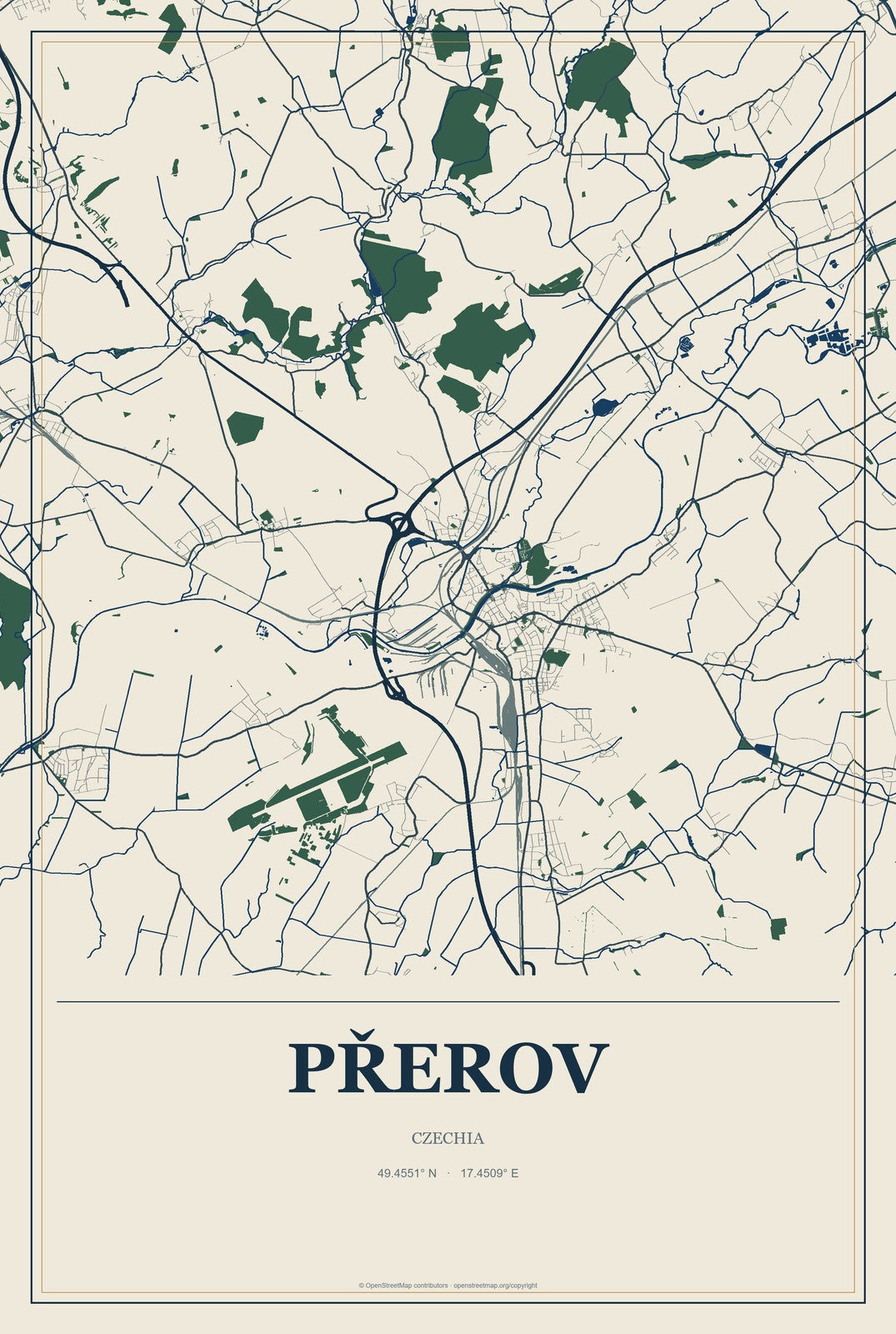 Přerov, Czechia City Map Aluminum Sign in Coastal Cutout style