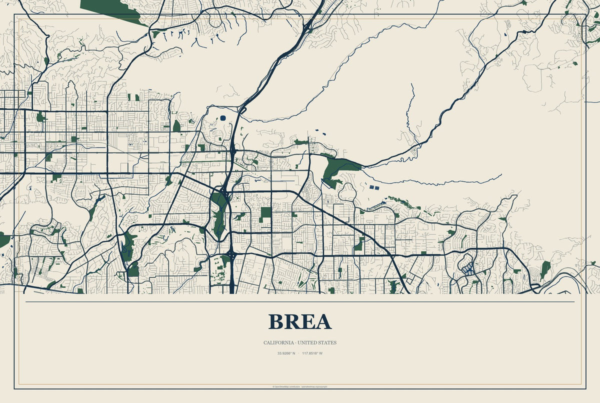 Brea, California City Map Aluminum Sign in Coastal Cutout style