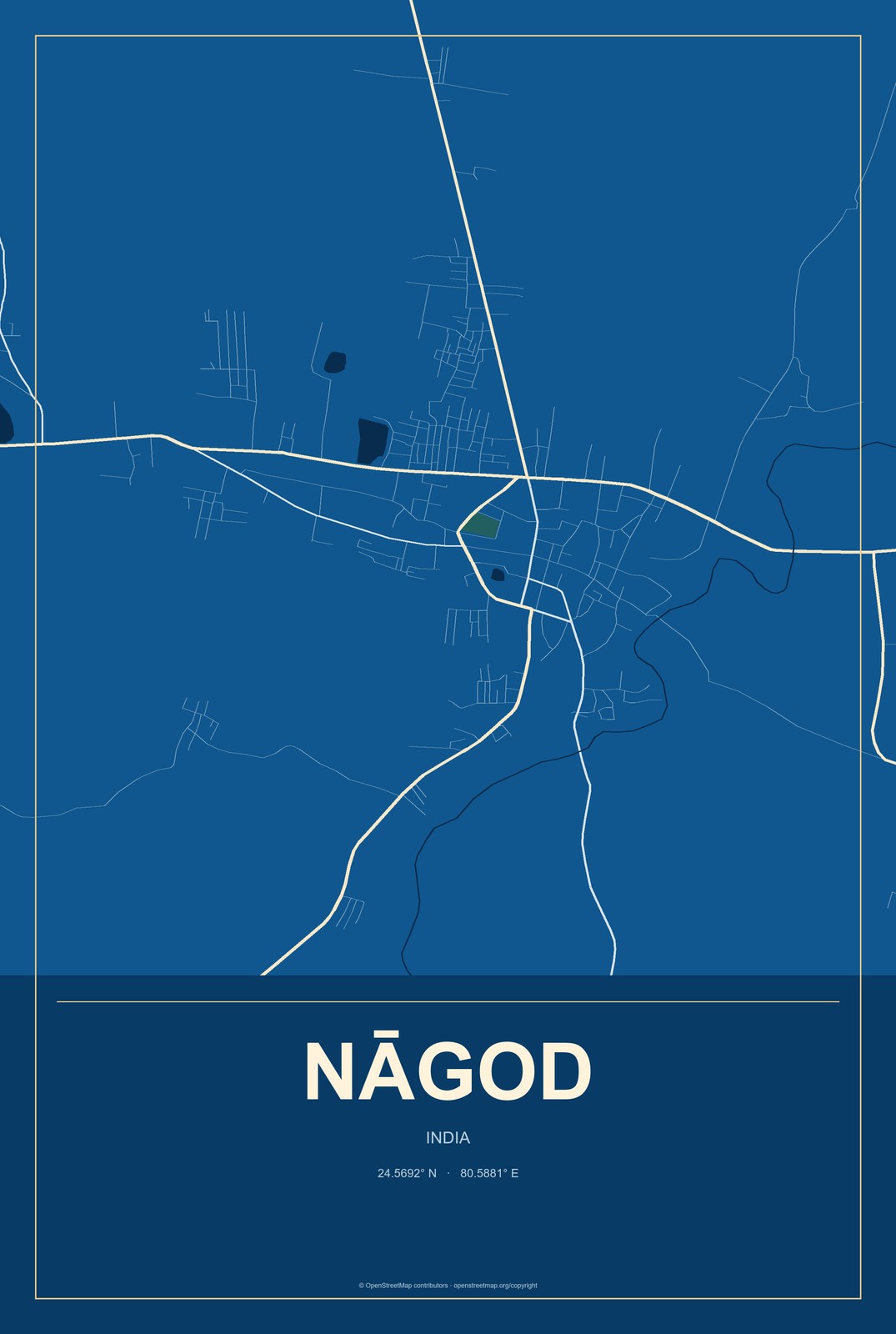 Nāgod, India City Map Aluminum Sign in Harbor Cobalt style