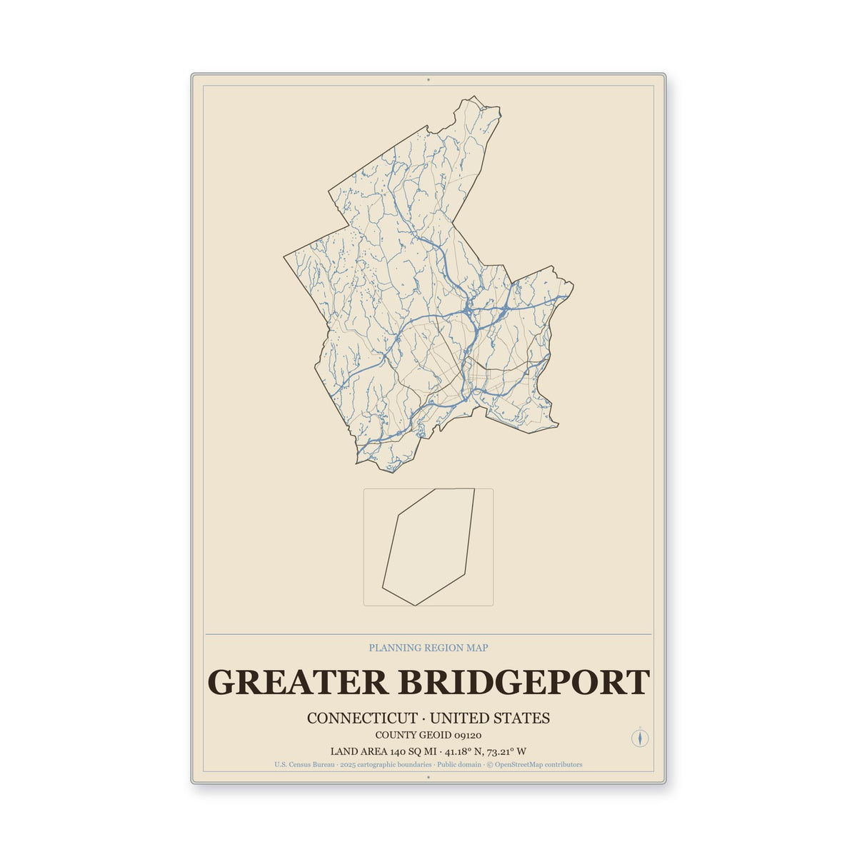 Greater Bridgeport Planning Region, Connecticut Map Aluminum Sign in Heritage Nautical style