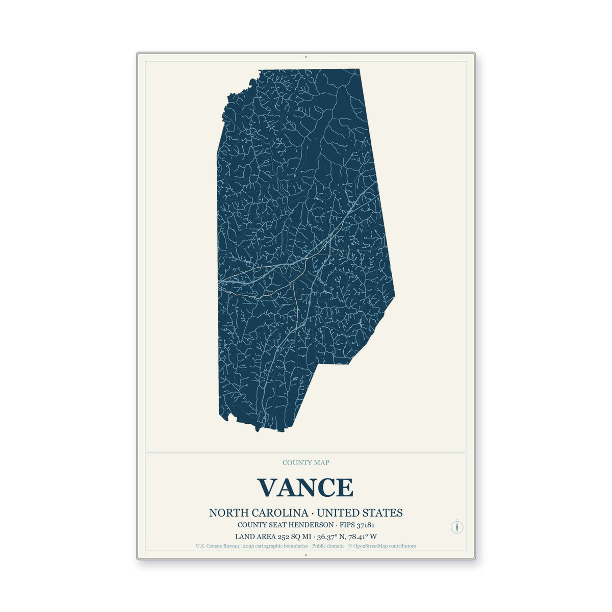 Vance County, North Carolina Map Aluminum Sign in Coastal Cutout style