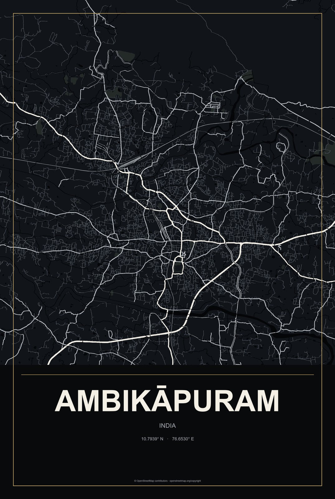 Ambikāpuram, India City Map Aluminum Sign in Metropolitan Noir style