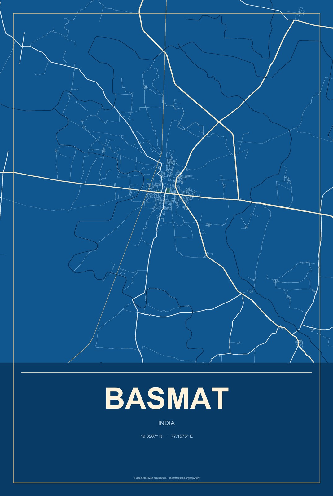 Basmat, India City Map Aluminum Sign in Harbor Cobalt style