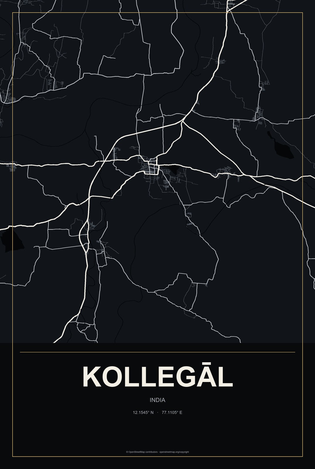 Kollegāl, India City Map Aluminum Sign in Metropolitan Noir style