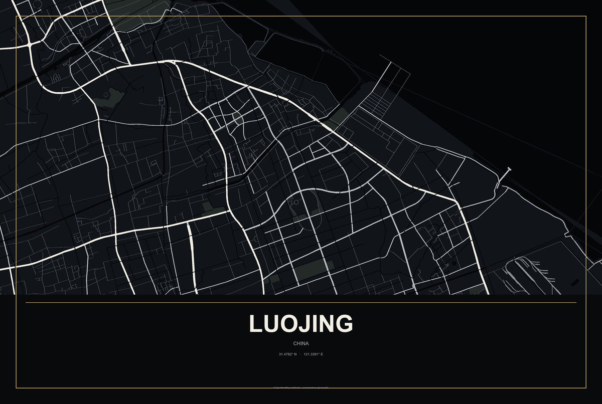 Luojing, China City Map Aluminum Sign in Metropolitan Noir style