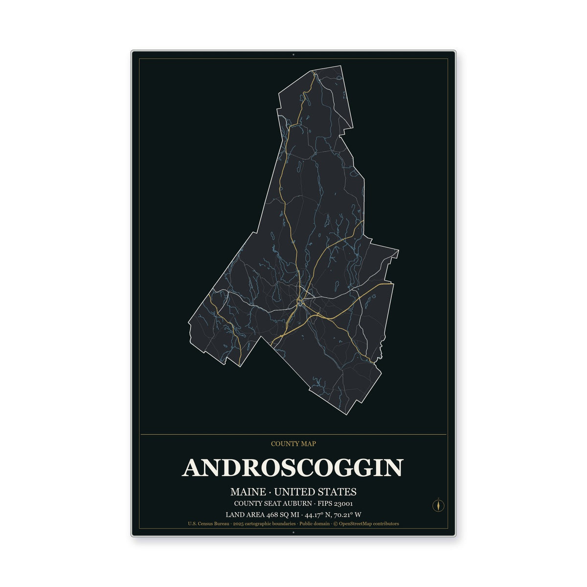 Androscoggin County, Maine Map Aluminum Sign in Metropolitan Noir style