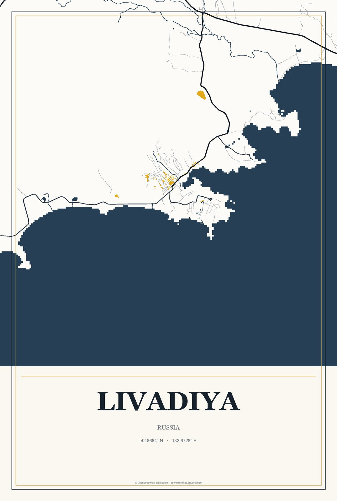 Livadiya, Russia City Map Aluminum Sign in Citrine Modern style