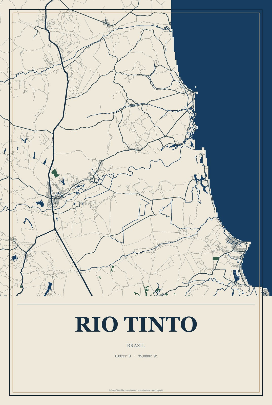Rio Tinto, Brazil City Map Aluminum Sign in Coastal Cutout style