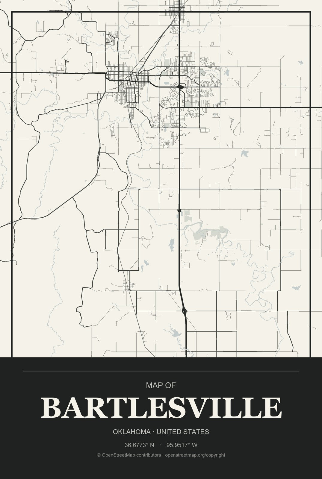 Bartlesville, Oklahoma City Map Aluminum Sign in Museum Plaque style