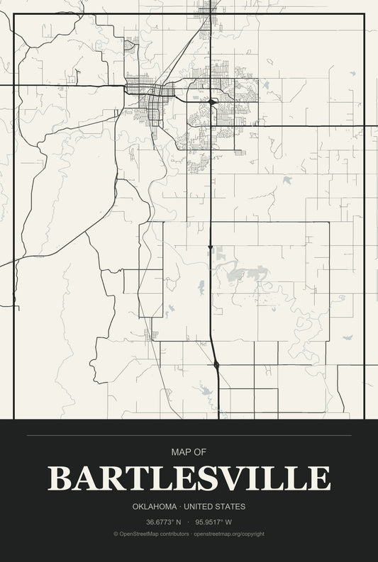 Bartlesville, Oklahoma City Map Aluminum Sign in Museum Plaque style