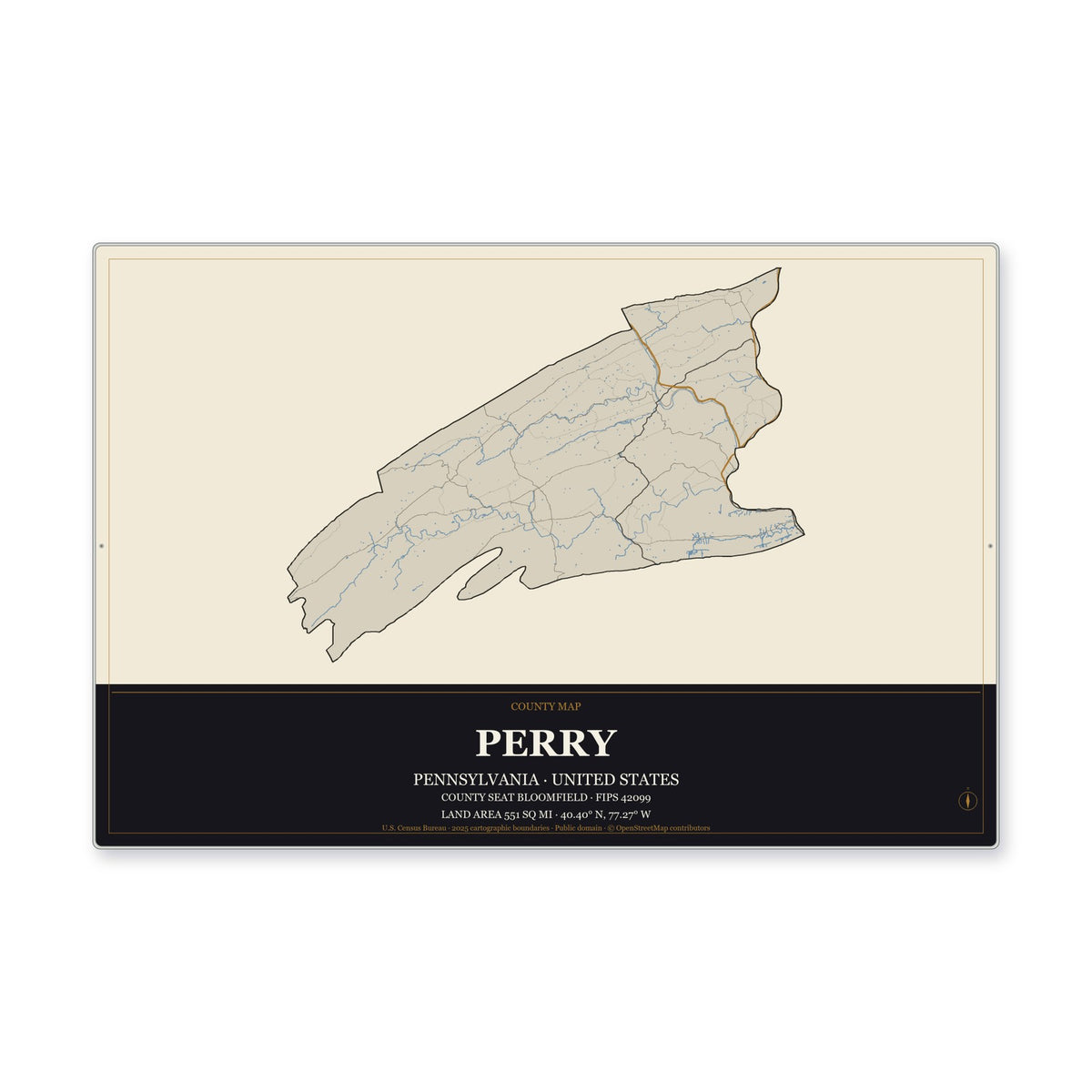 Perry County, Pennsylvania Map Aluminum Sign in Museum Plaque style