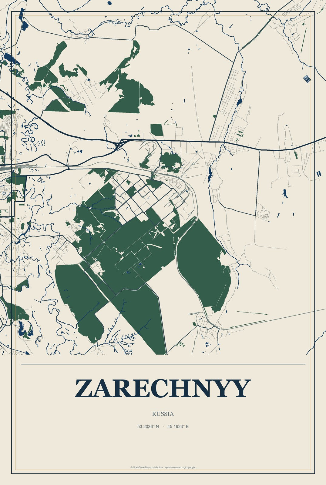 Zarechnyy, Sverdlovsk Oblast, Russia City Map Aluminum Sign in Coastal Cutout style