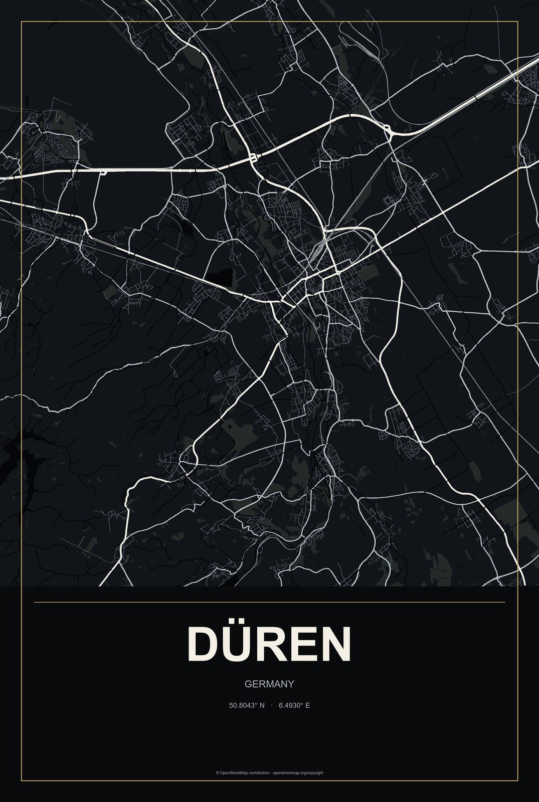 Düren, Germany City Map Aluminum Sign in Metropolitan Noir style