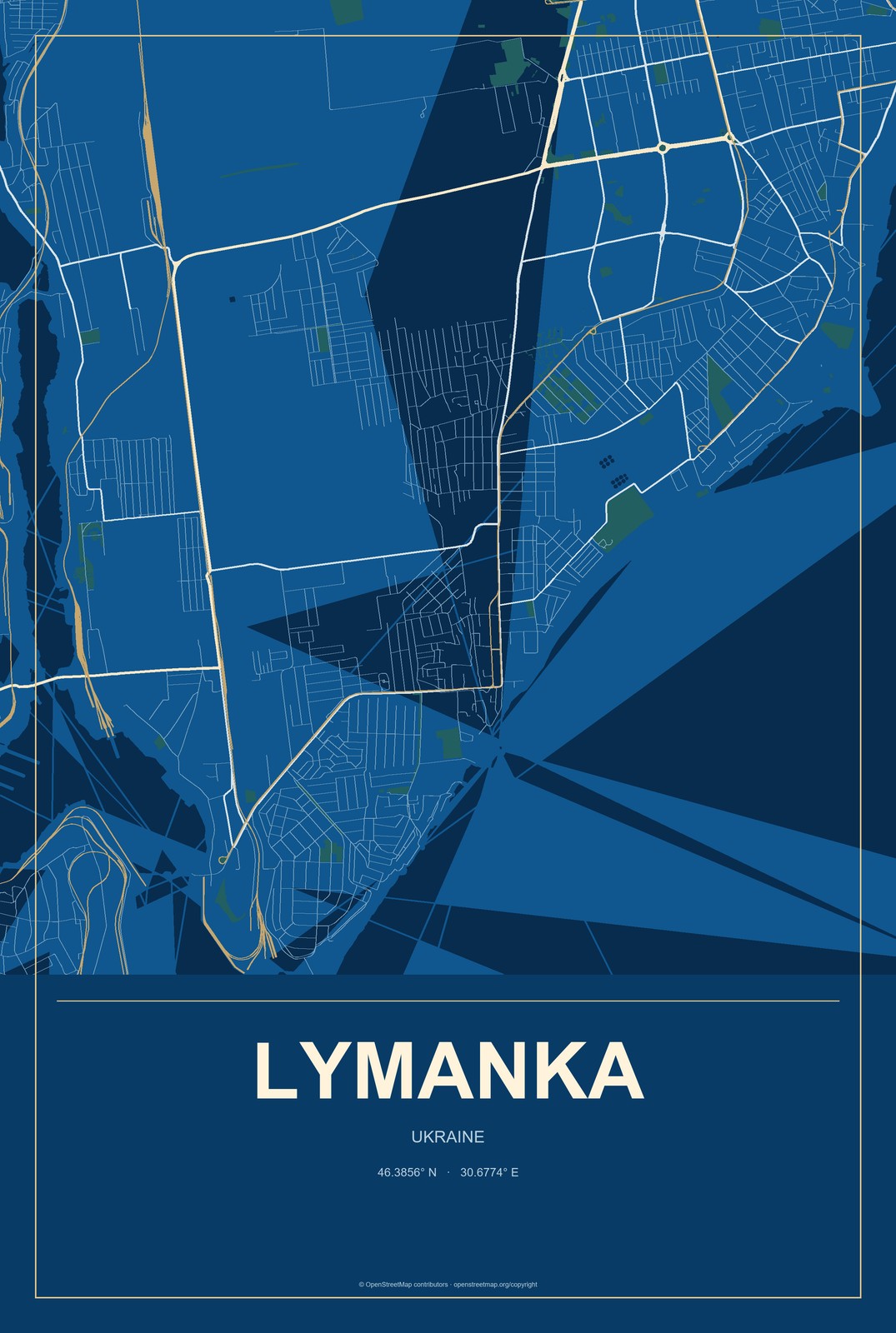 Lymanka, Ukraine City Map Aluminum Sign in Harbor Cobalt style